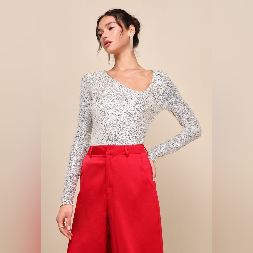 Unique Vibe Beige Sequin Asymmetrical Long Sleeve Top, Lulu’s, Beige
